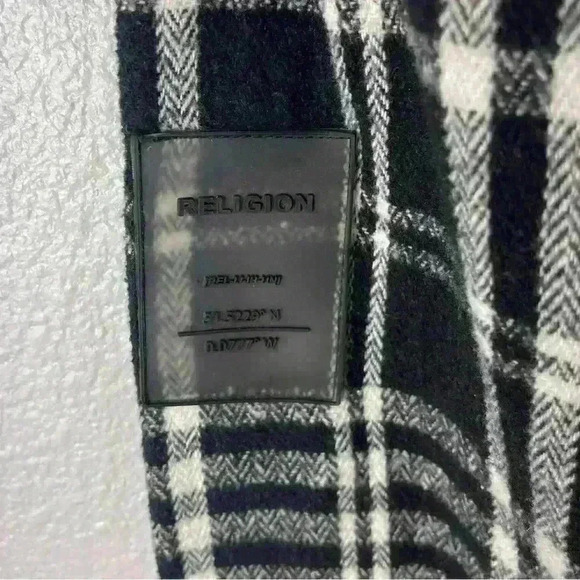RELIGION Plaid Button Up Womens XL Black/White Long Sleeve Front Pocket Patch - Picture 10 of 10